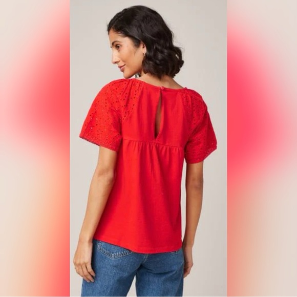 Pleione Blouse Red Orange Geometric Cap Sleeve - Picture 3 of 7